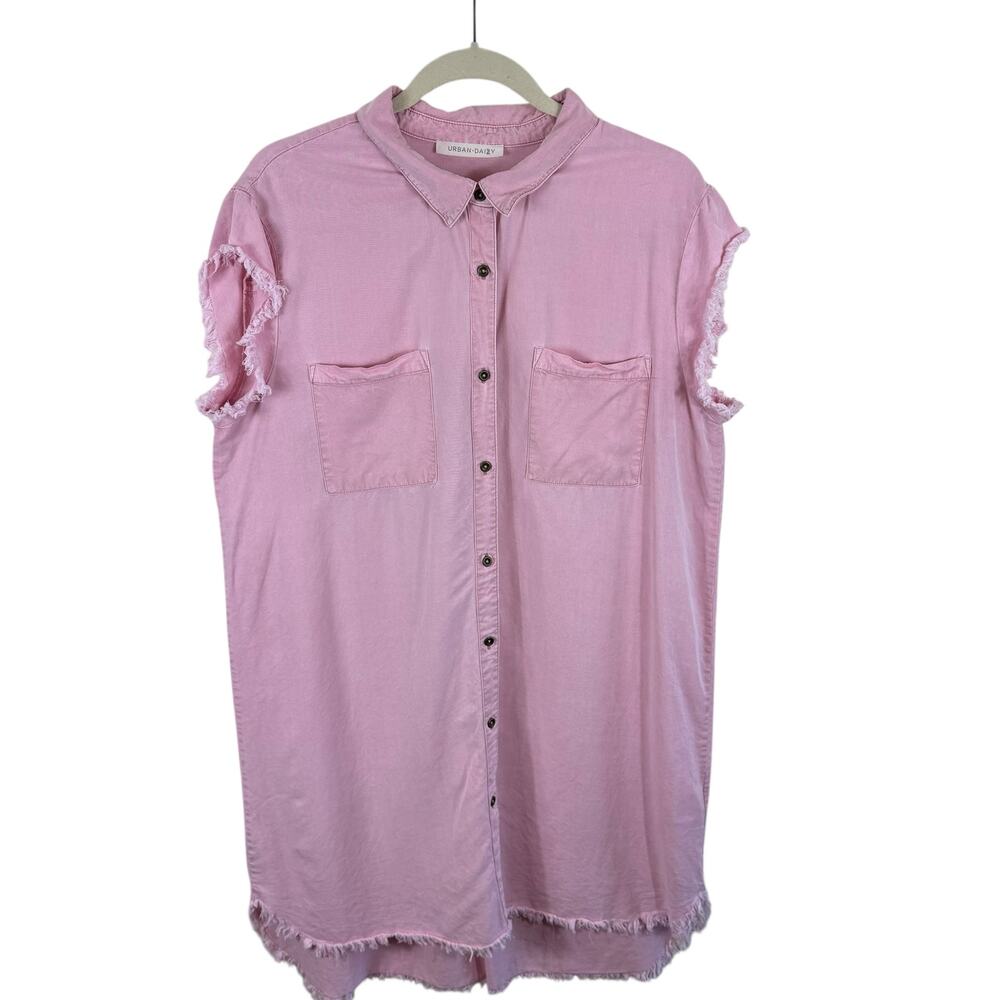 Urban Daizy Pink Tencel Raw Hem Cap Sleeve Collared Button Up Shirt Dress Size L